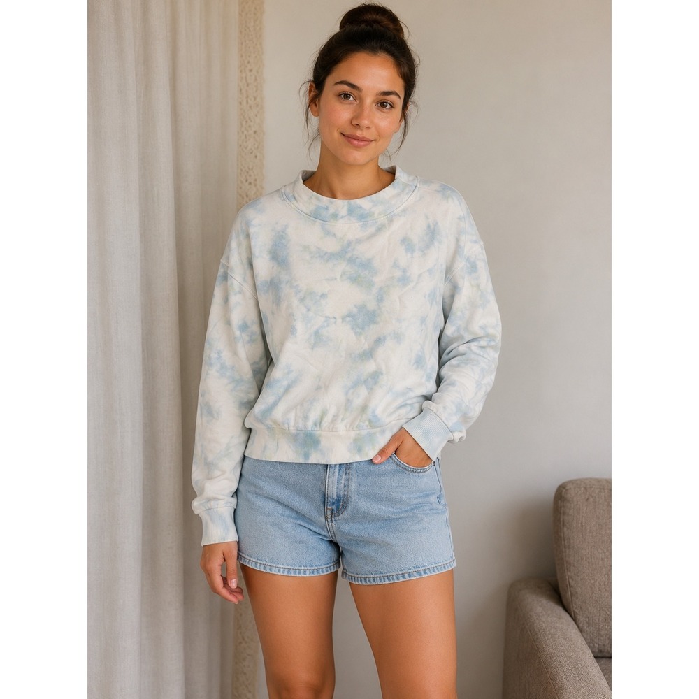 Pilcro Anthropologie Blue Tie Dye Mock Neck Sweatshirt Petite Small SP Cropped
